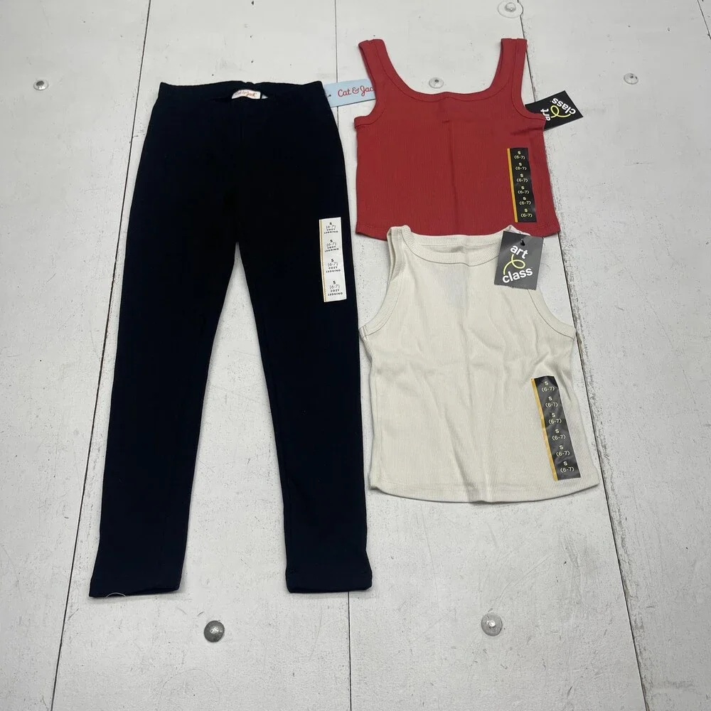 Cat & Jack Art Class Outfit Set Girls Small 6-7 Red Cream Tanks Black Leggings